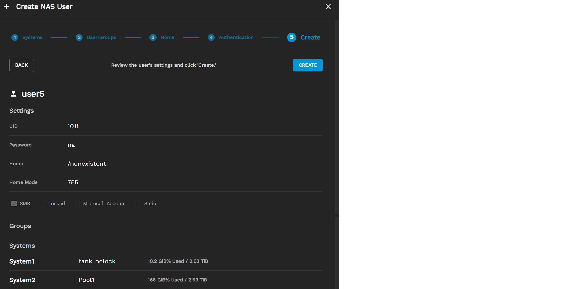 Creating a New NAS User NASUser5