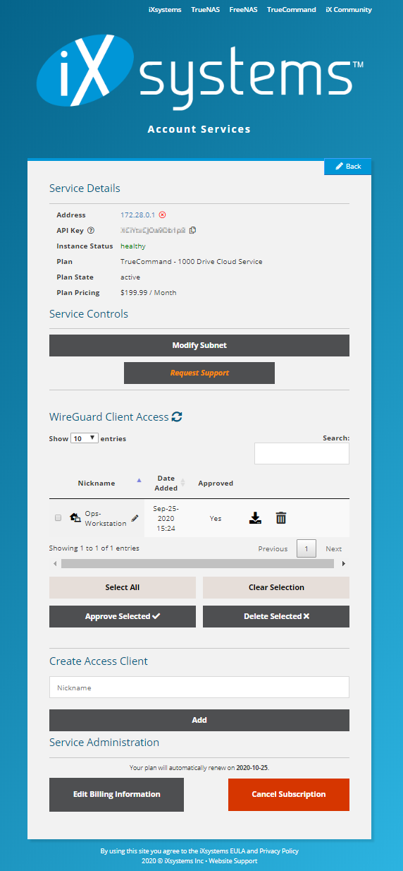 Account Services: TrueCommand API Key CloudSubscriptionServiceDetailsWireGuardClient