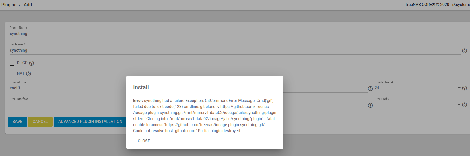 truenas_120U2_install_plugin_syncthing_error.png