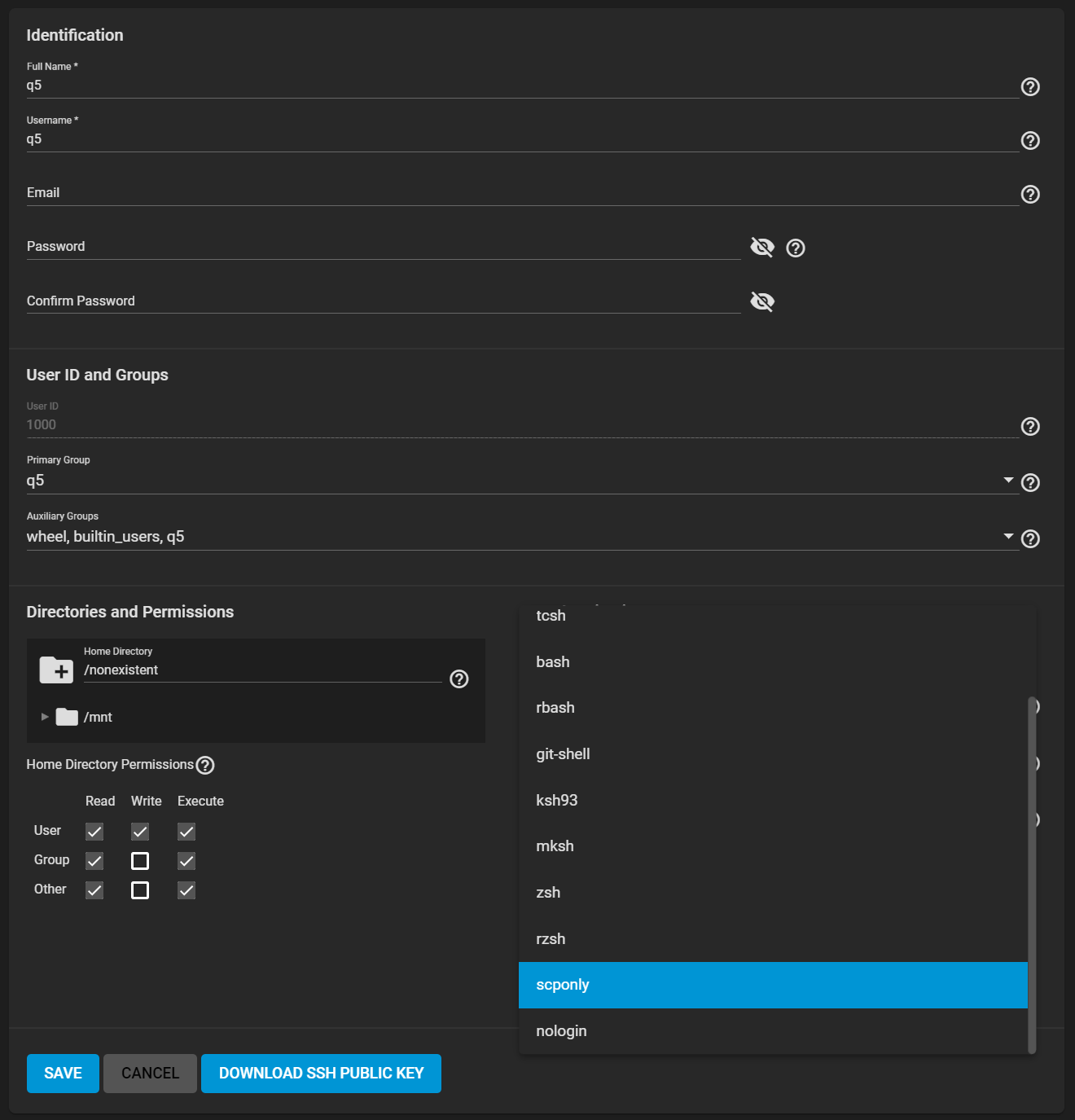 Accounts Users Edit Shell Scp only