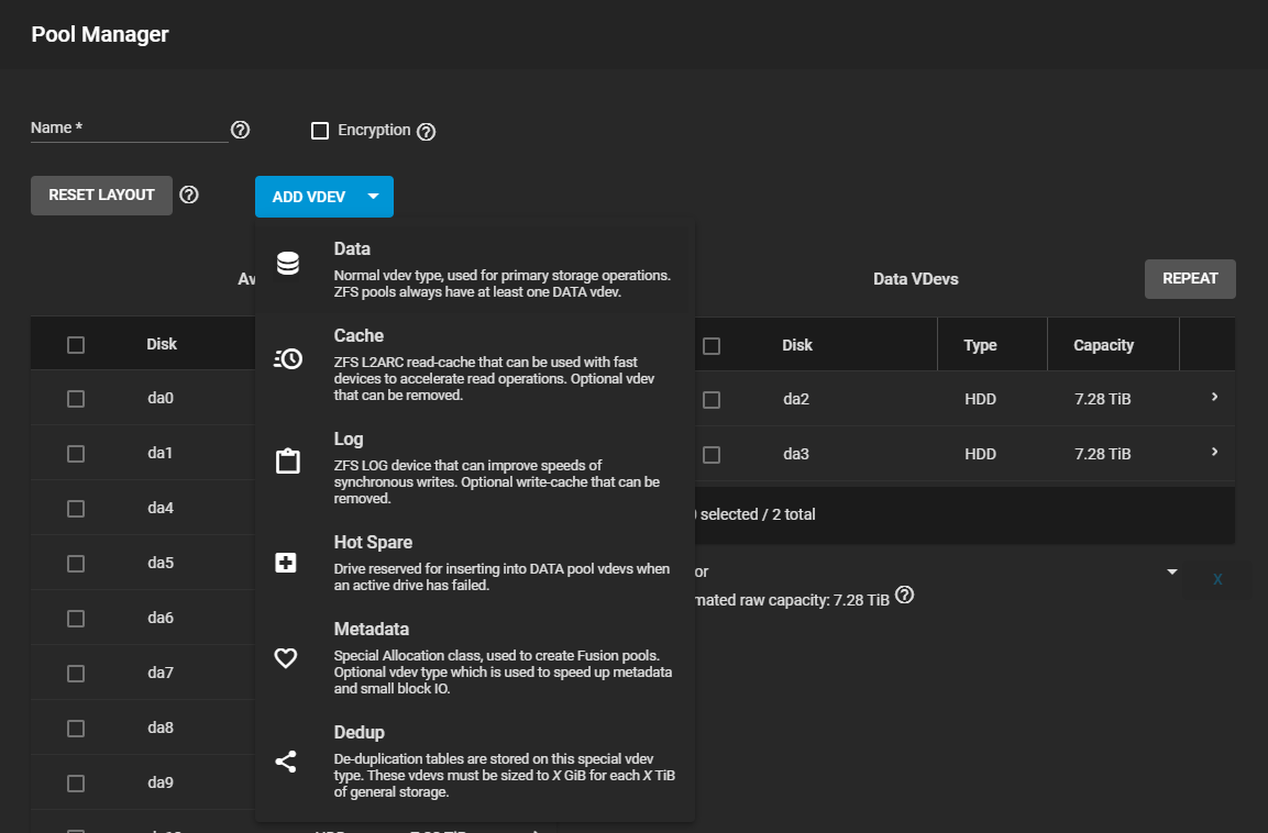 Storage Pools Add Create Vdevs