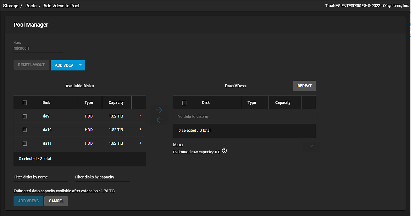 Add Vdevs Screen