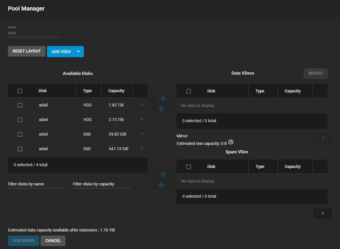 Add Vdev Hot Spare
