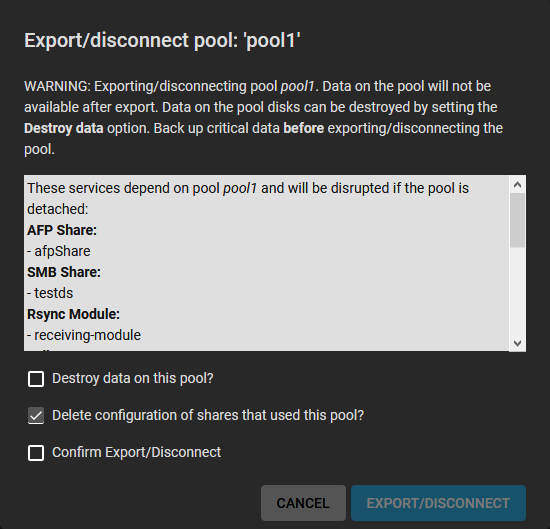 Storage Pools Export Example
