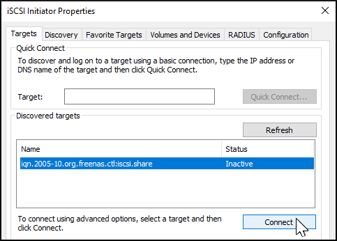 Windows ISCSI Initiator Target Connect