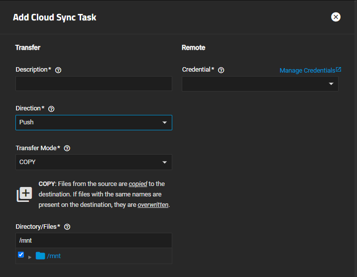 Add Cloud Sync Task Remote Settings