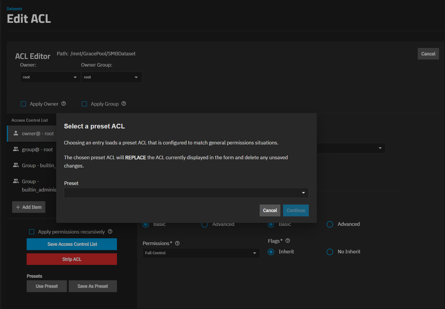 Select a Preset ACL from Use Preset Select a Preset ACL from Use Preset