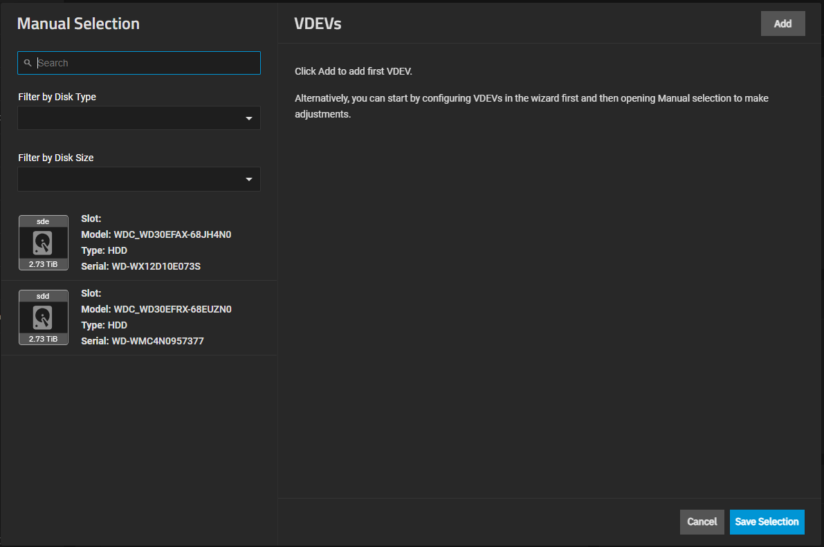 Add Vdev Manual Selection Screen