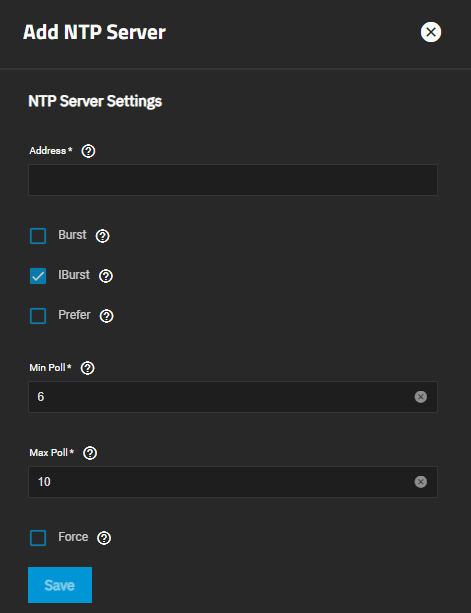 Add NTP Server Screen