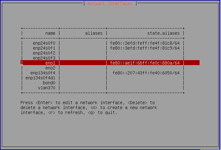 Network Interfaces Screen