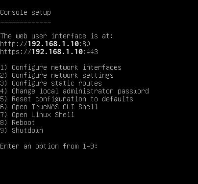 TrueNAS SCALE Console Setup Menu