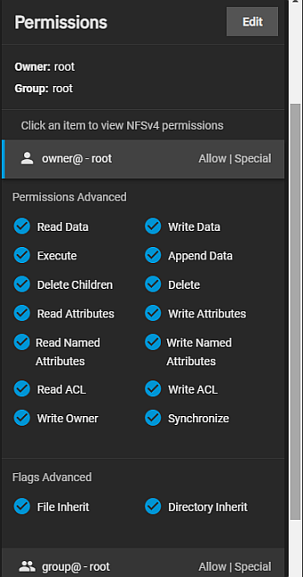 Permissions Widget Owner NFSv4 Options