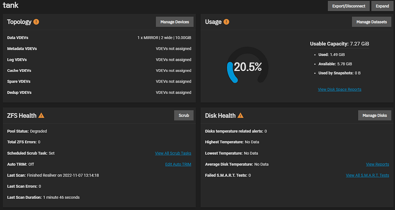 Storage Pool Widgets in Degraded State