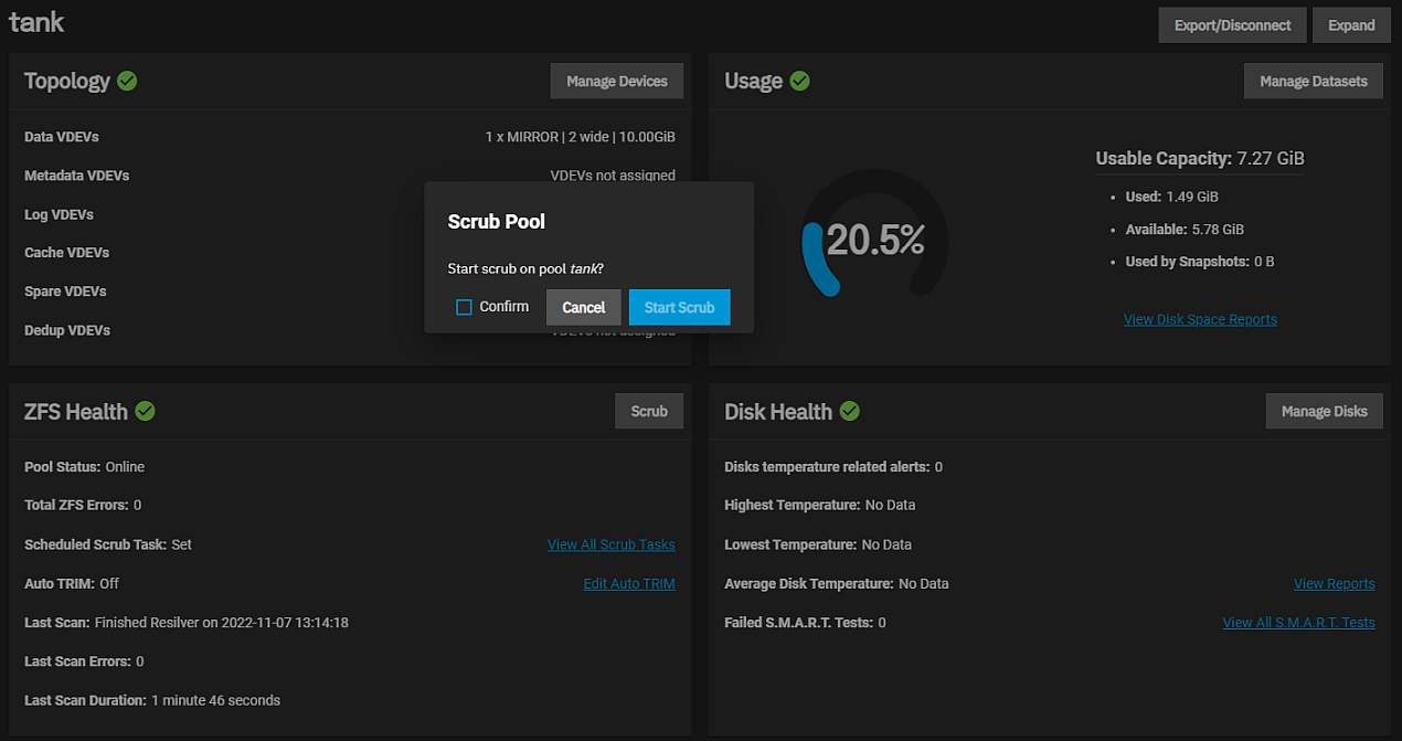 Storage ZFS Health Scrub Pool