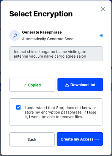 StorjCreateAccessDownloadedEncryptionPassphrase