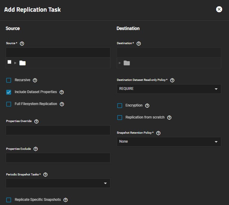 Advanced Add Replication Task Source and Destination
