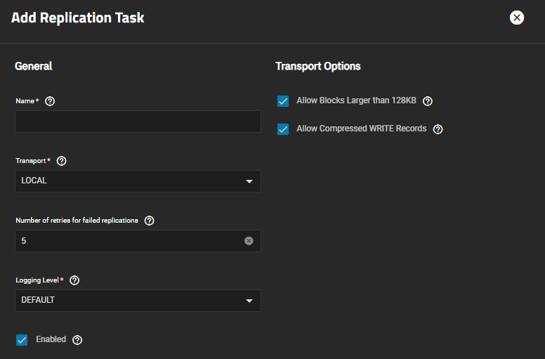 Advanced Add Replication Task Local Transport
