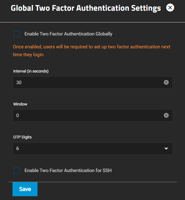 Global Two Factor Authentication Settings Screen