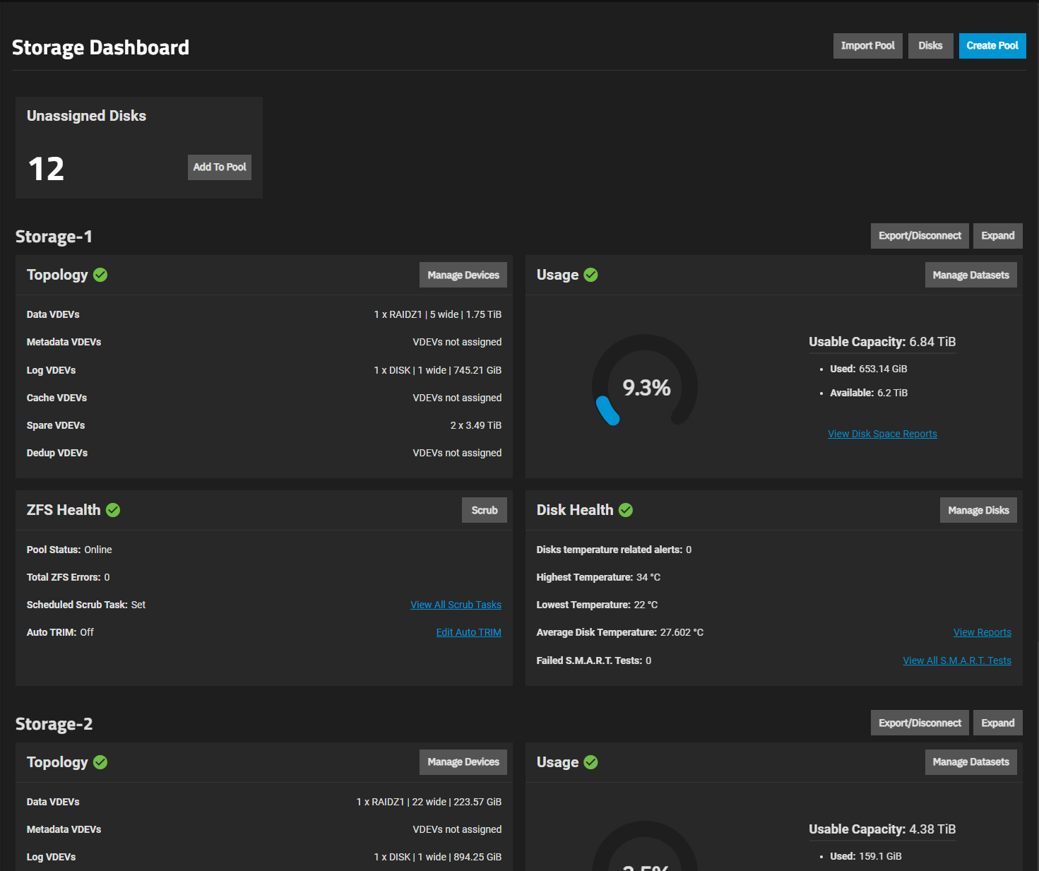 Storage Dashboard with Pool