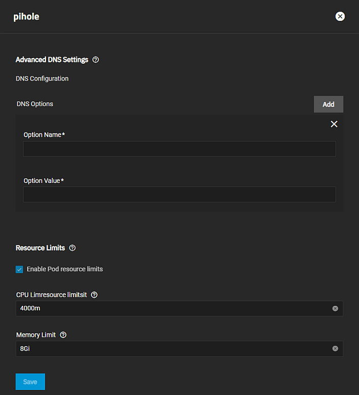 AppPiHoleDNSAndResourceLimitsSettings