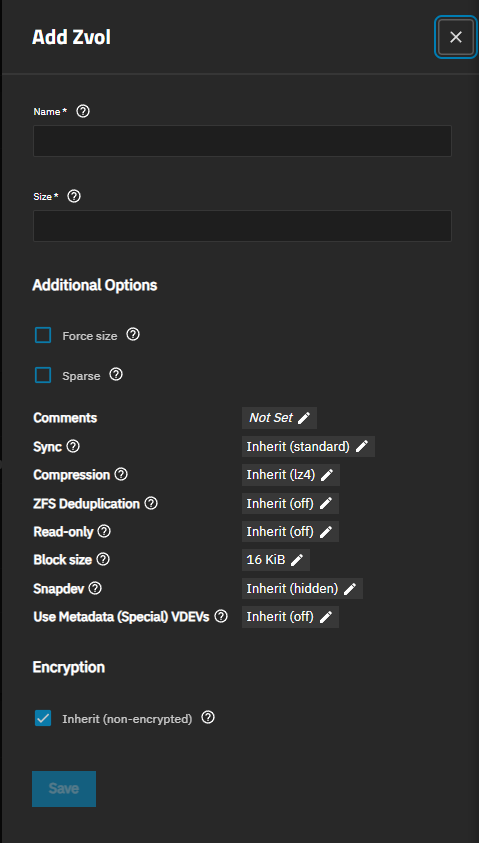 Add Zvol Screen Add Zvol Screen