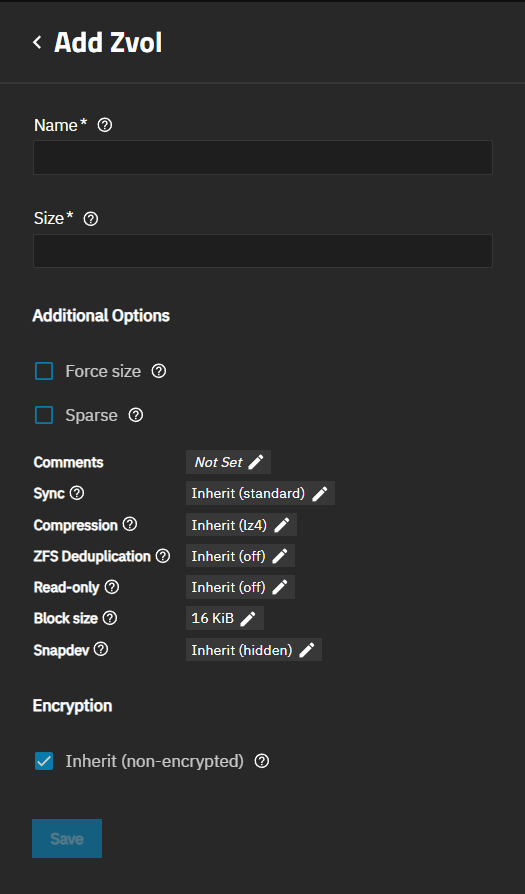 Add Zvol screen Add Zvol screen