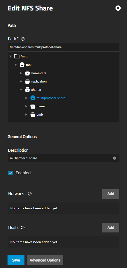 Edit NFS Multiprotocol Share Edit NFS Multiprotocol Share