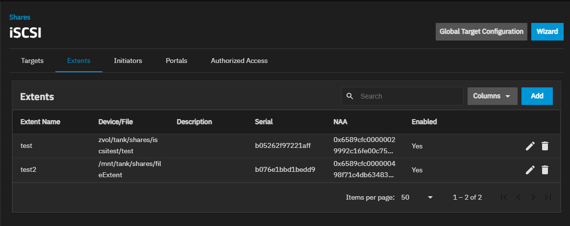 iSCSI Extents Screen iSCSI Extents Screen