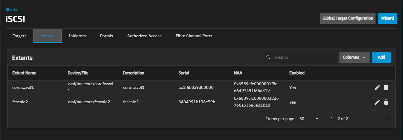 iSCSI Extents Screen - Fibre Channel iSCSI Extents Screen - Fibre Channel