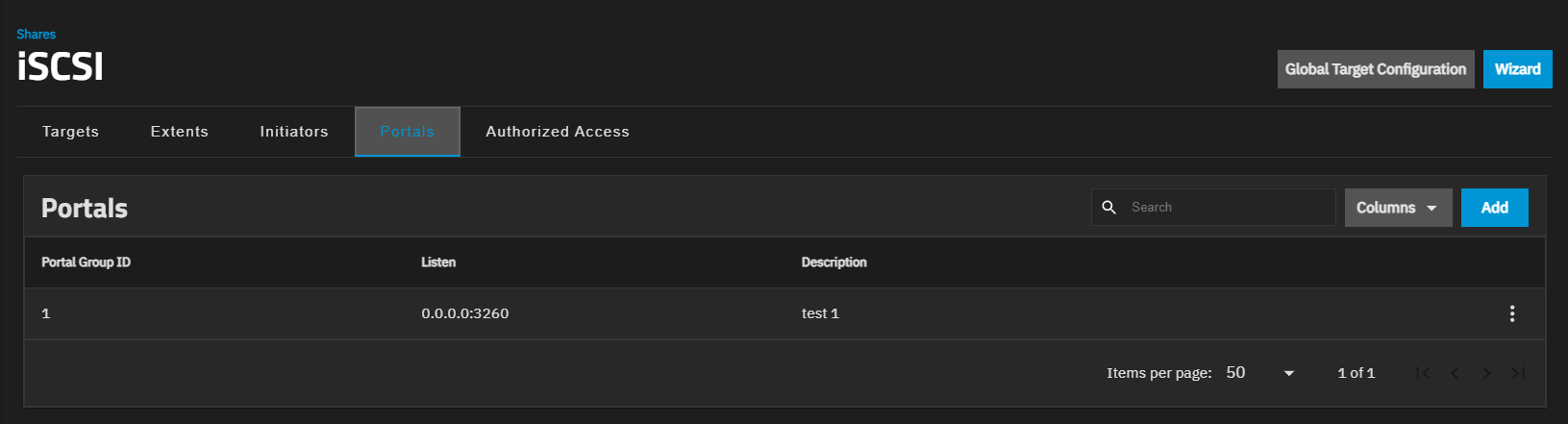 iSCSI Portals Screen iSCSI Portals Screen