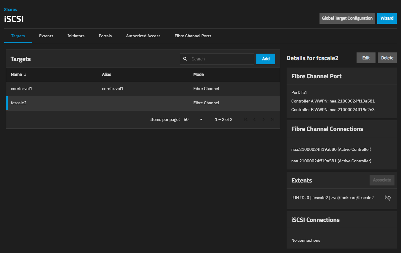 iSCSI Targets Screen - Fibre Channel iSCSI Targets Screen - Fibre Channel