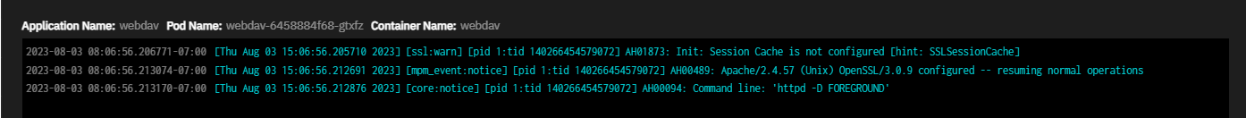 WebDAV Pod Logs Screen WebDAV Pod Logs Screen