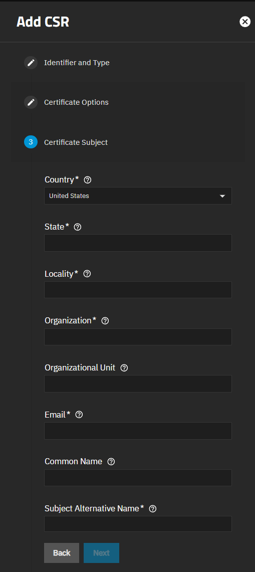 Add CSR Certificate Subject Screen Add CSR Certificate Subject Screen