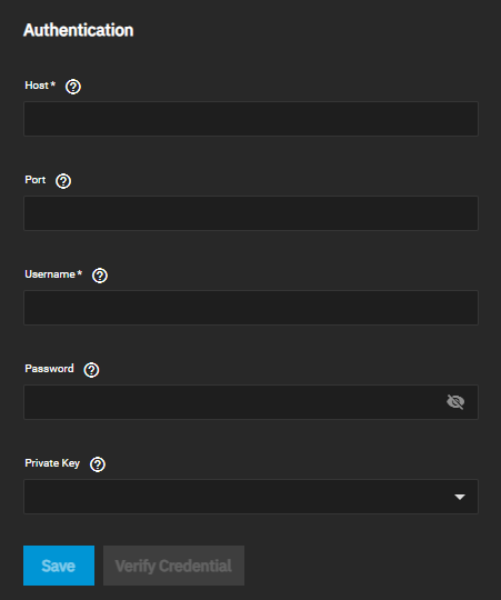 Host, Port User Credentials Authentication Host, Port User Credentials Authentication