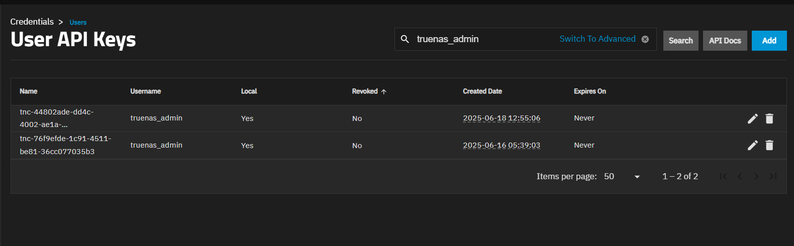 TrueNAS Connect API Keys TrueNAS Connect API Keys
