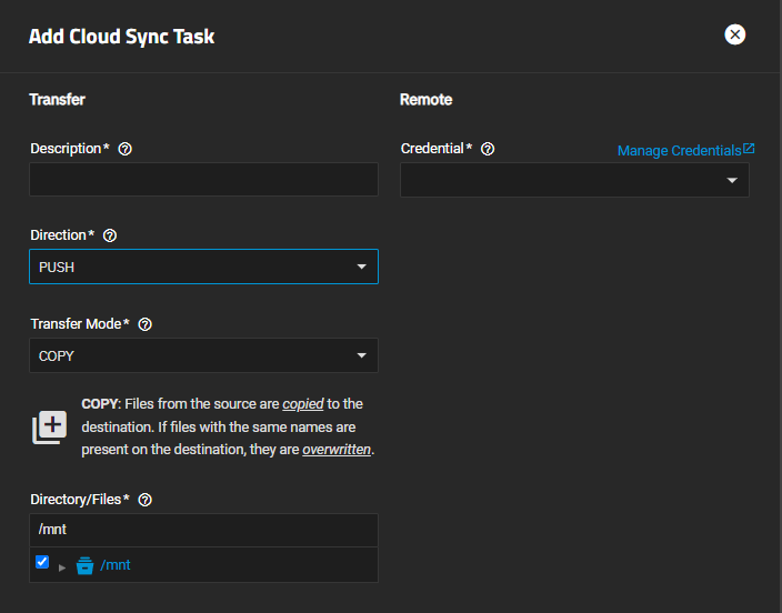 Add Cloud Sync Task Remote Settings Add Cloud Sync Task Remote Settings