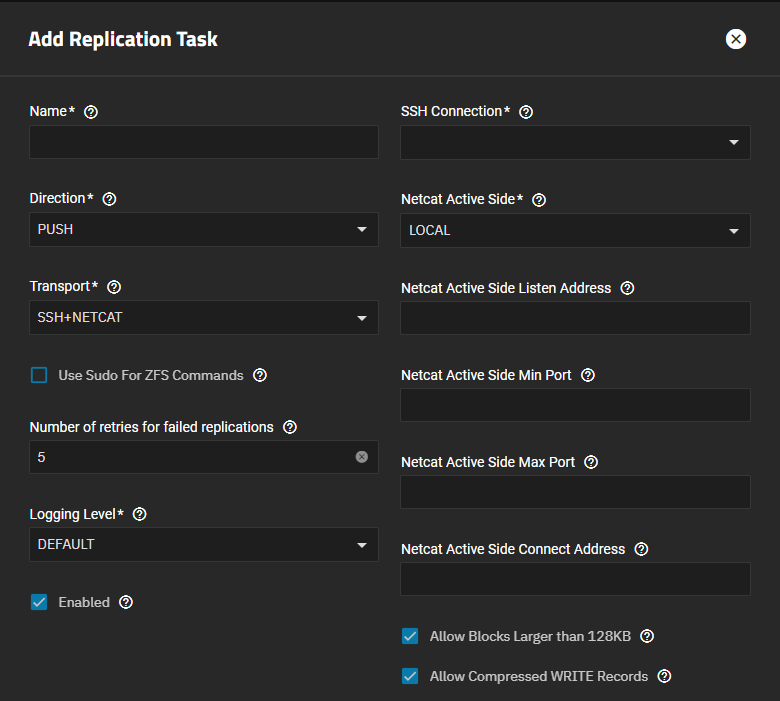 Advanced Add Replication Task SSH+NETCAT Transport Advanced Add Replication Task SSH+NETCAT Transport