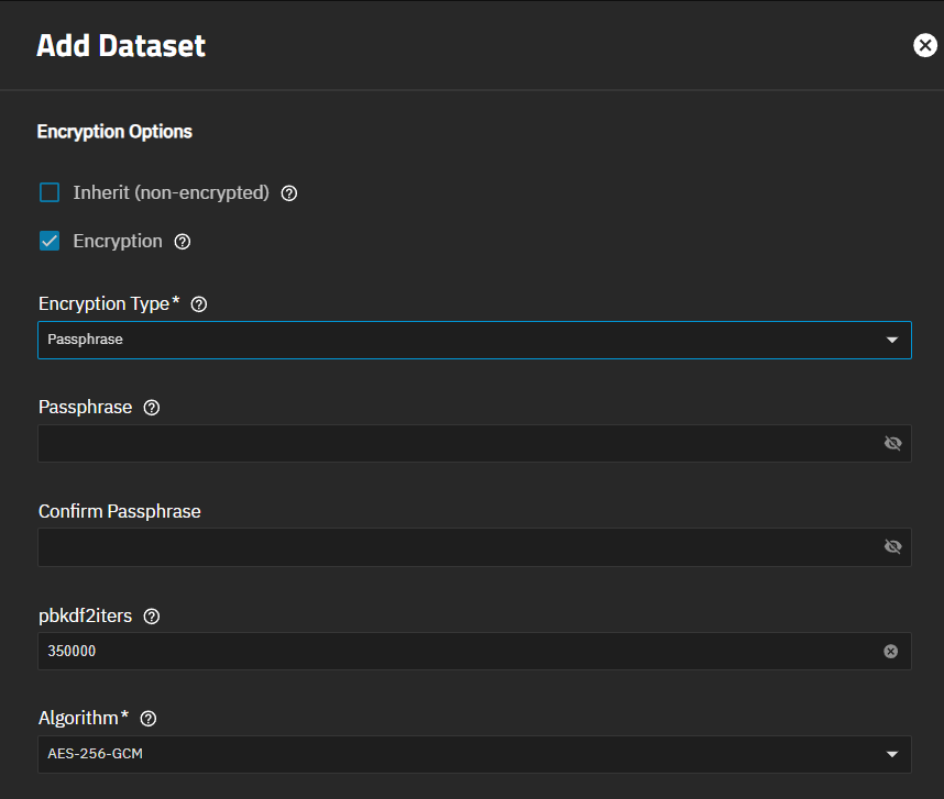Add Dataset Encryption Options - Passphrase Add Dataset Encryption Options - Passphrase