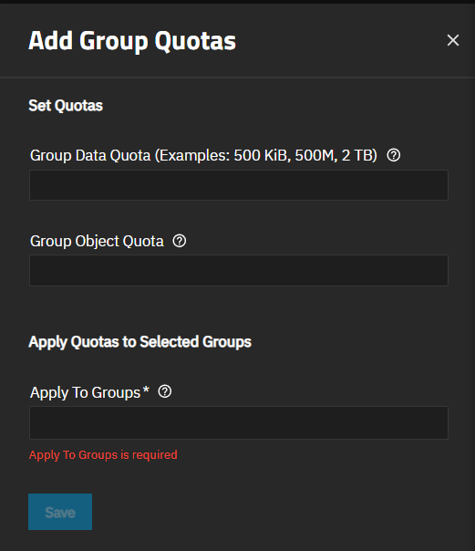 Add Group Quotas Screen Add Group Quotas Screen