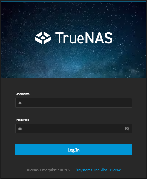 TrueNAS Login Screen TrueNAS Login Screen