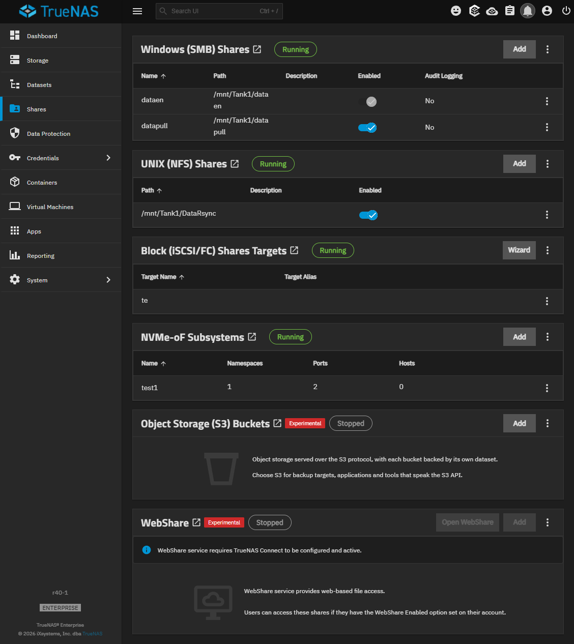TrueNAS Shares Screen TrueNAS Shares Screen
