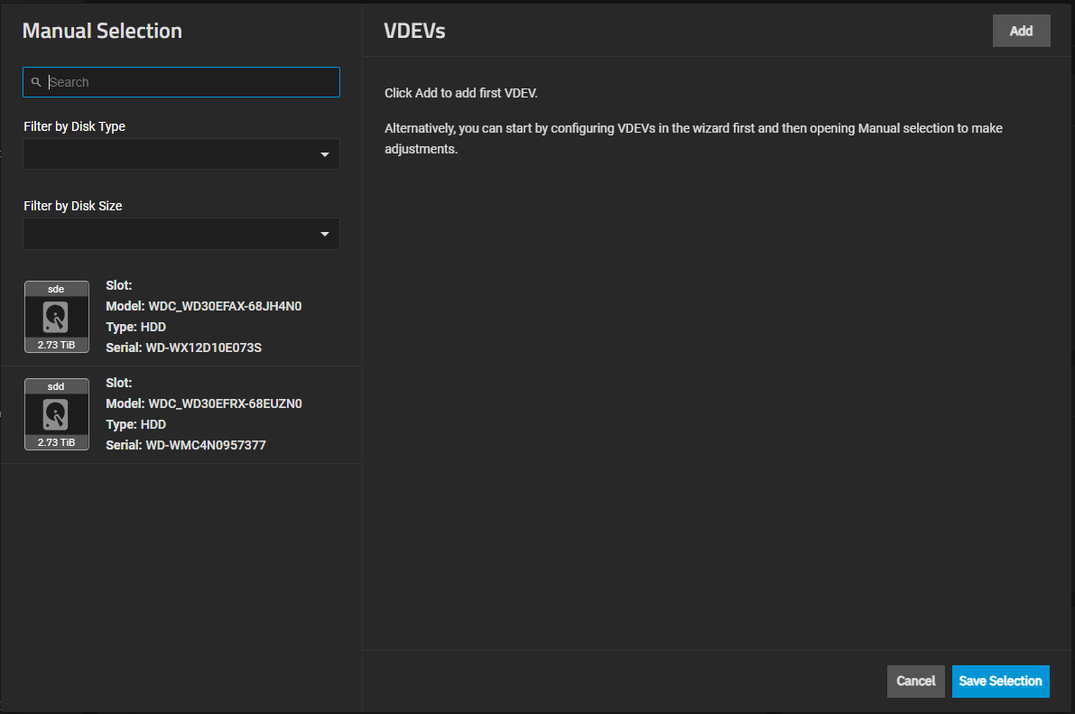 Add Vdev Manual Selection Screen Add Vdev Manual Selection Screen