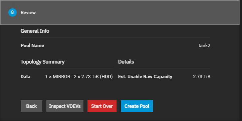 Pool Creation Wizard Review Screen Pool Creation Wizard Review Screen