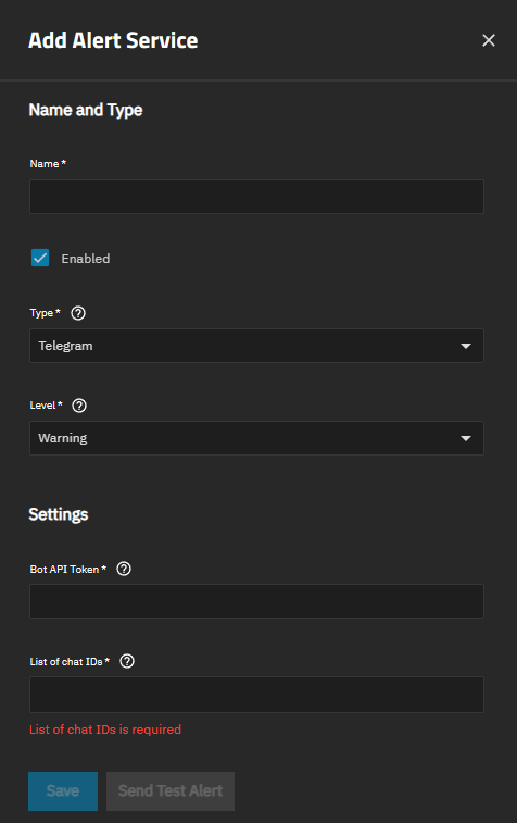 Add Telegram Alert Service AddAlertServiceTelegramScreen