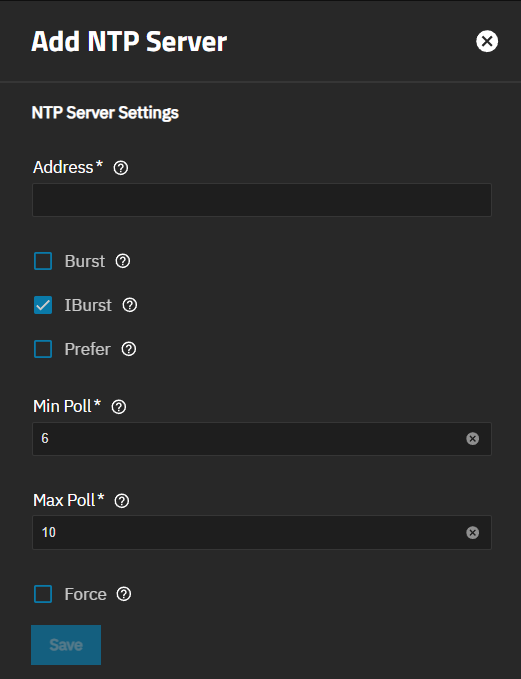 Add NTP Servers Screen Add NTP Servers Screen