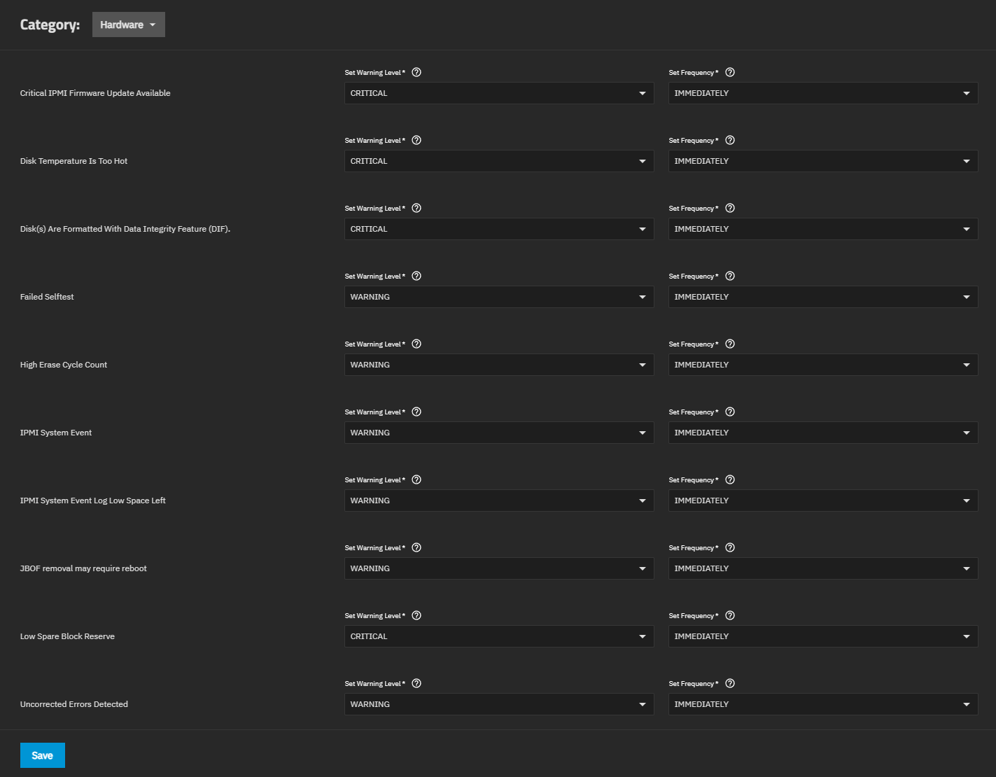 Hardware Alert Settings AlertSettingsHardware