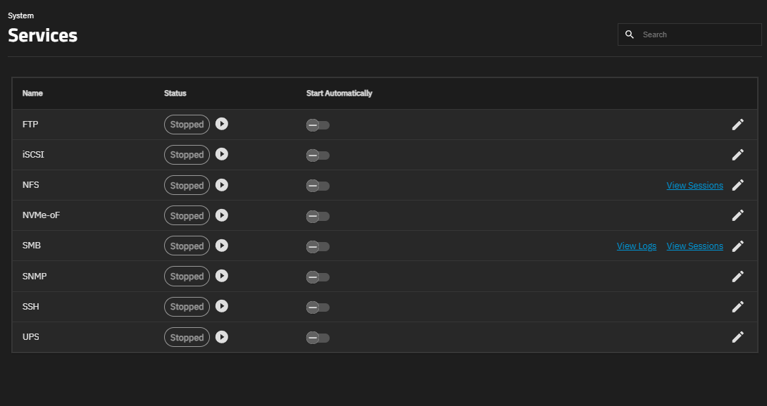 TrueNAS Services Screen TrueNAS Services Screen