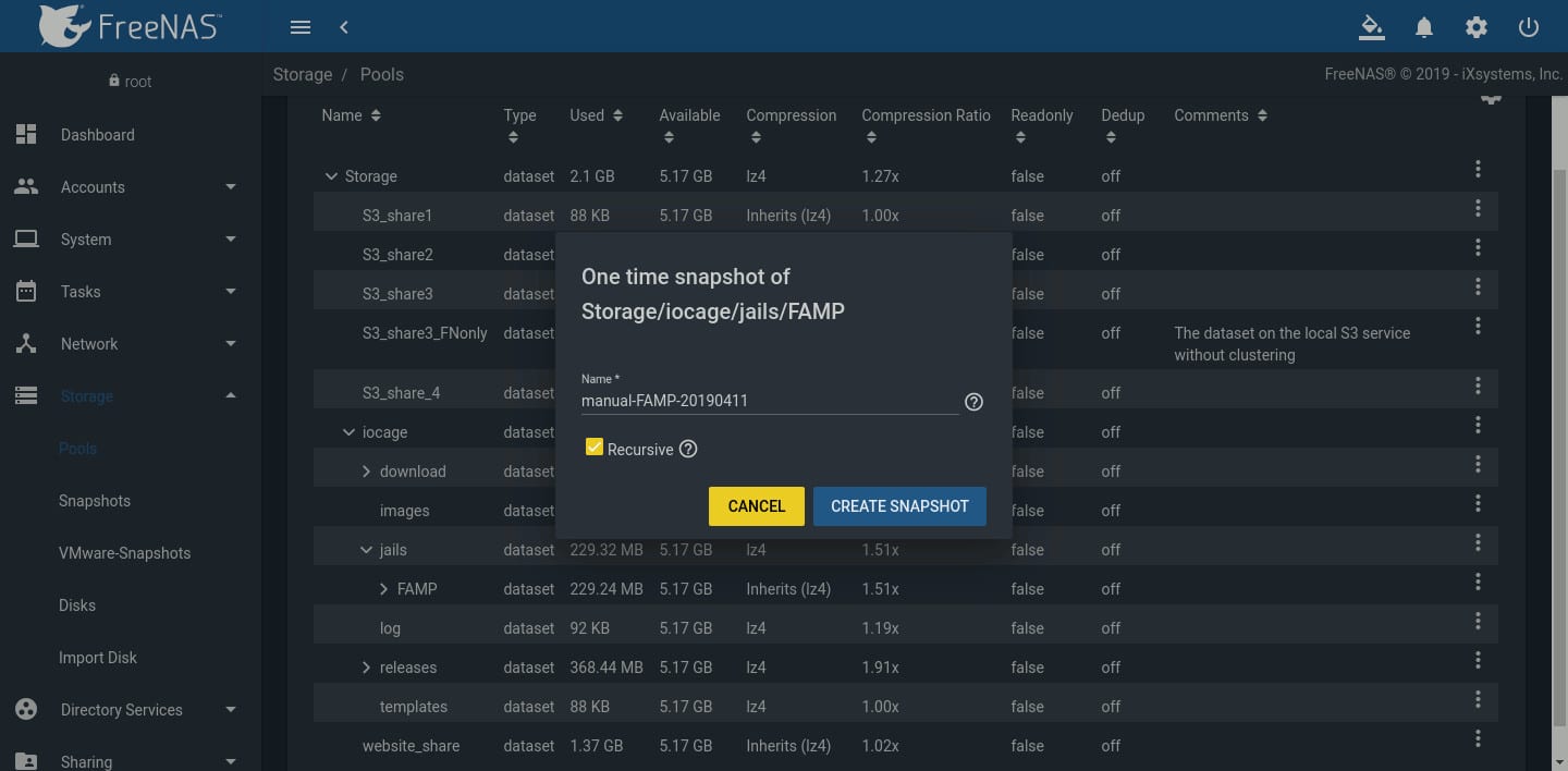 One time Snapshot of Storage