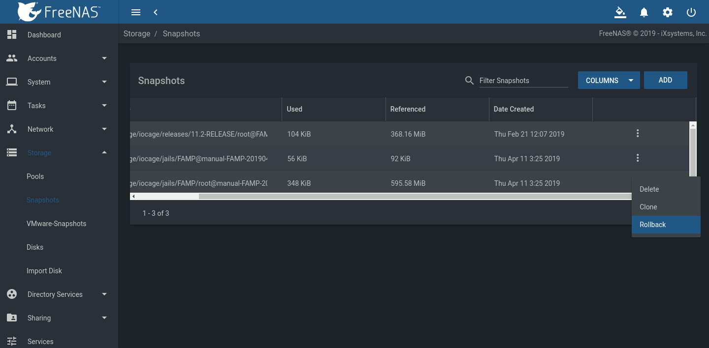 test or rollback the iocage dataset window