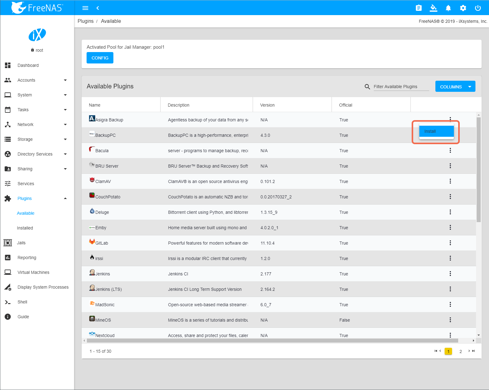 FreeNAS Plugins web UI